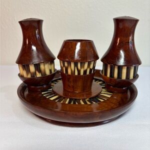 Vintage MCM Artisan Olive Wood and Porcupine Quill Salt Pepper Toothpick Set